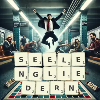 Kreative Illustration für ein Scrabble-Spiel, bei dem das Wort SEELENGLIEDERN mit Steinen auf dem Brett gelegt wurde.