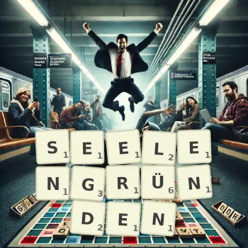 Kreative Illustration für ein Scrabble-Spiel, bei dem das Wort SEELENGRÜNDEN mit Steinen auf dem Brett gelegt wurde.