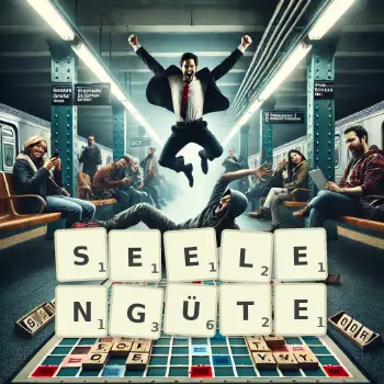 Kreative Illustration für ein Scrabble-Spiel, bei dem das Wort SEELENGÜTE mit Steinen auf dem Brett gelegt wurde.