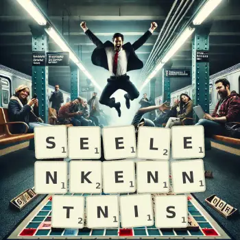 Kreative Illustration für ein Scrabble-Spiel, bei dem das Wort SEELENKENNTNIS mit Steinen auf dem Brett gelegt wurde.