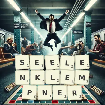 Kreative Illustration für ein Scrabble-Spiel, bei dem das Wort SEELENKLEMPNER mit Steinen auf dem Brett gelegt wurde.