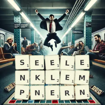 Kreative Illustration für ein Scrabble-Spiel, bei dem das Wort SEELENKLEMPNERN mit Steinen auf dem Brett gelegt wurde.