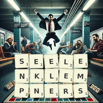 Kreative Illustration für ein Scrabble-Spiel, bei dem das Wort SEELENKLEMPNERS mit Steinen auf dem Brett gelegt wurde.