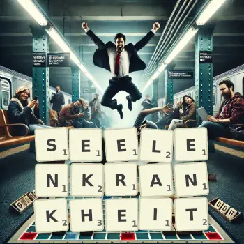 Kreative Illustration für ein Scrabble-Spiel, bei dem das Wort SEELENKRANKHEIT mit Steinen auf dem Brett gelegt wurde.