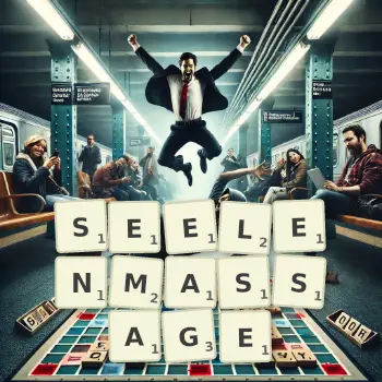 Kreative Illustration für ein Scrabble-Spiel, bei dem das Wort SEELENMASSAGE mit Steinen auf dem Brett gelegt wurde.