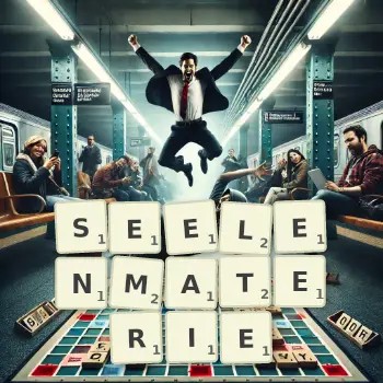 Kreative Illustration für ein Scrabble-Spiel, bei dem das Wort SEELENMATERIE mit Steinen auf dem Brett gelegt wurde.