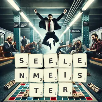 Kreative Illustration für ein Scrabble-Spiel, bei dem das Wort SEELENMEISTER mit Steinen auf dem Brett gelegt wurde.