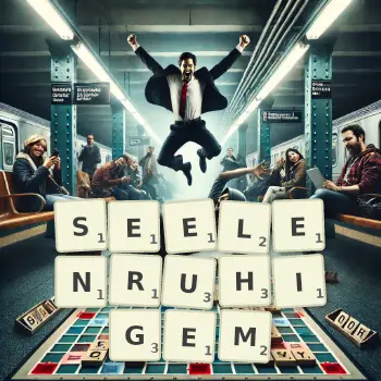 Kreative Illustration für ein Scrabble-Spiel, bei dem das Wort SEELENRUHIGEM mit Steinen auf dem Brett gelegt wurde.