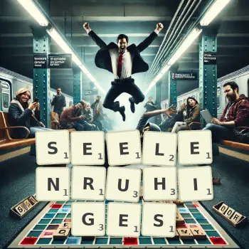 Kreative Illustration für ein Scrabble-Spiel, bei dem das Wort SEELENRUHIGES mit Steinen auf dem Brett gelegt wurde.