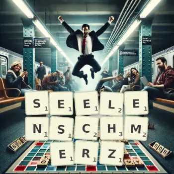 Kreative Illustration für ein Scrabble-Spiel, bei dem das Wort SEELENSCHMERZ mit Steinen auf dem Brett gelegt wurde.