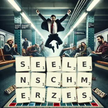 Kreative Illustration für ein Scrabble-Spiel, bei dem das Wort SEELENSCHMERZES mit Steinen auf dem Brett gelegt wurde.