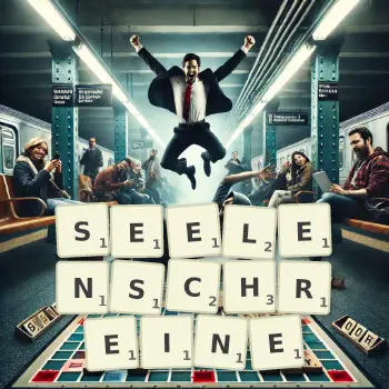 Kreative Illustration für ein Scrabble-Spiel, bei dem das Wort SEELENSCHREINE mit Steinen auf dem Brett gelegt wurde.