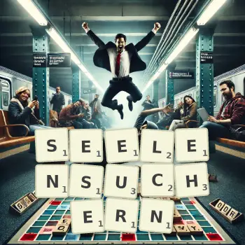 Kreative Illustration für ein Scrabble-Spiel, bei dem das Wort SEELENSUCHERN mit Steinen auf dem Brett gelegt wurde.