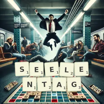 Kreative Illustration für ein Scrabble-Spiel, bei dem das Wort SEELENTAG mit Steinen auf dem Brett gelegt wurde.