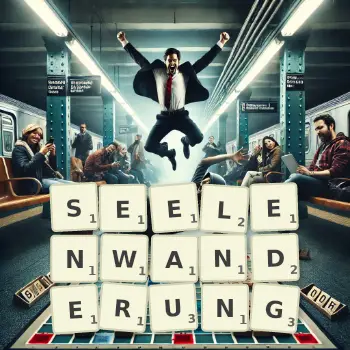 Kreative Illustration für ein Scrabble-Spiel, bei dem das Wort SEELENWANDERUNG mit Steinen auf dem Brett gelegt wurde.