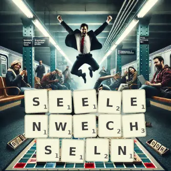 Kreative Illustration für ein Scrabble-Spiel, bei dem das Wort SEELENWECHSELN mit Steinen auf dem Brett gelegt wurde.