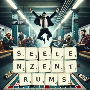 Kreative Illustration für ein Scrabble-Spiel, bei dem das Wort SEELENZENTRUMS mit Steinen auf dem Brett gelegt wurde.