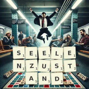 Kreative Illustration für ein Scrabble-Spiel, bei dem das Wort SEELENZUSTAND mit Steinen auf dem Brett gelegt wurde.