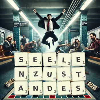 Kreative Illustration für ein Scrabble-Spiel, bei dem das Wort SEELENZUSTANDES mit Steinen auf dem Brett gelegt wurde.