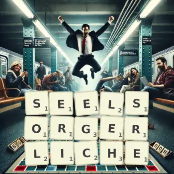 Kreative Illustration für ein Scrabble-Spiel, bei dem das Wort SEELSORGERLICHE mit Steinen auf dem Brett gelegt wurde.