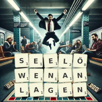 Kreative Illustration für ein Scrabble-Spiel, bei dem das Wort SEELÖWENANLAGEN mit Steinen auf dem Brett gelegt wurde.