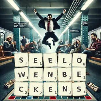 Kreative Illustration für ein Scrabble-Spiel, bei dem das Wort SEELÖWENBECKENS mit Steinen auf dem Brett gelegt wurde.