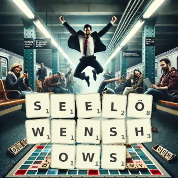 Kreative Illustration für ein Scrabble-Spiel, bei dem das Wort SEELÖWENSHOWS mit Steinen auf dem Brett gelegt wurde.
