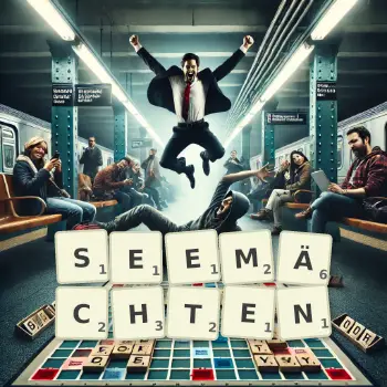 Kreative Illustration für ein Scrabble-Spiel, bei dem das Wort SEEMÄCHTEN mit Steinen auf dem Brett gelegt wurde.