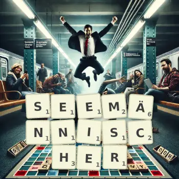 Kreative Illustration für ein Scrabble-Spiel, bei dem das Wort SEEMÄNNISCHER mit Steinen auf dem Brett gelegt wurde.