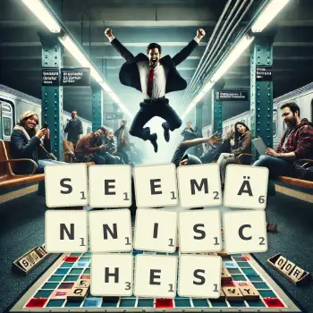 Kreative Illustration für ein Scrabble-Spiel, bei dem das Wort SEEMÄNNISCHES mit Steinen auf dem Brett gelegt wurde.