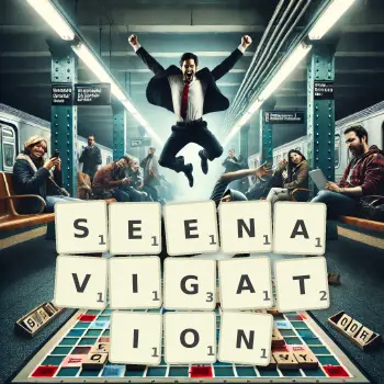 Kreative Illustration für ein Scrabble-Spiel, bei dem das Wort SEENAVIGATION mit Steinen auf dem Brett gelegt wurde.