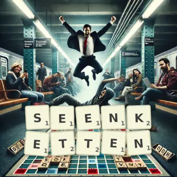 Kreative Illustration für ein Scrabble-Spiel, bei dem das Wort SEENKETTEN mit Steinen auf dem Brett gelegt wurde.