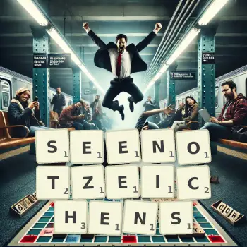 Kreative Illustration für ein Scrabble-Spiel, bei dem das Wort SEENOTZEICHENS mit Steinen auf dem Brett gelegt wurde.