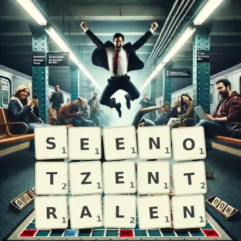 Kreative Illustration für ein Scrabble-Spiel, bei dem das Wort SEENOTZENTRALEN mit Steinen auf dem Brett gelegt wurde.