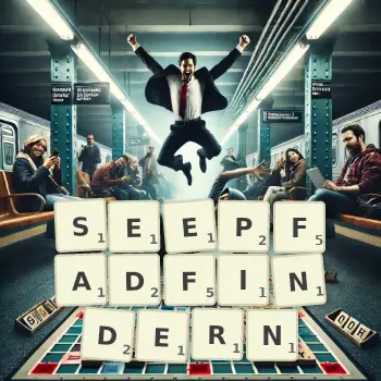 Kreative Illustration für ein Scrabble-Spiel, bei dem das Wort SEEPFADFINDERN mit Steinen auf dem Brett gelegt wurde.