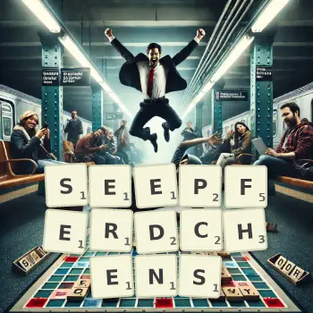 Kreative Illustration für ein Scrabble-Spiel, bei dem das Wort SEEPFERDCHENS mit Steinen auf dem Brett gelegt wurde.