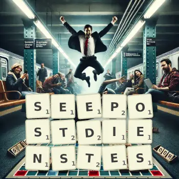 Kreative Illustration für ein Scrabble-Spiel, bei dem das Wort SEEPOSTDIENSTES mit Steinen auf dem Brett gelegt wurde.