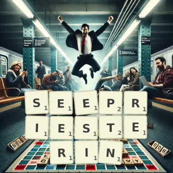 Kreative Illustration für ein Scrabble-Spiel, bei dem das Wort SEEPRIESTERIN mit Steinen auf dem Brett gelegt wurde.