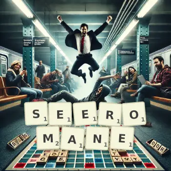 Kreative Illustration für ein Scrabble-Spiel, bei dem das Wort SEEROMANE mit Steinen auf dem Brett gelegt wurde.