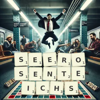 Kreative Illustration für ein Scrabble-Spiel, bei dem das Wort SEEROSENTEICHS mit Steinen auf dem Brett gelegt wurde.