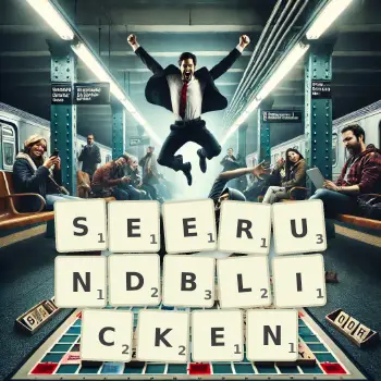 Kreative Illustration für ein Scrabble-Spiel, bei dem das Wort SEERUNDBLICKEN mit Steinen auf dem Brett gelegt wurde.