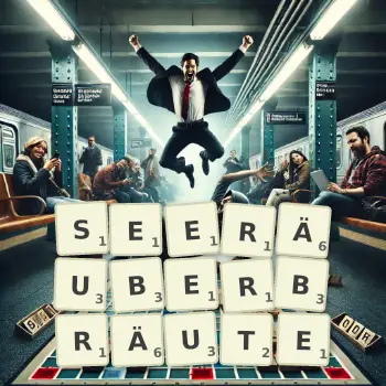 Kreative Illustration für ein Scrabble-Spiel, bei dem das Wort SEERÄUBERBRÄUTE mit Steinen auf dem Brett gelegt wurde.