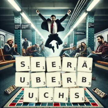 Kreative Illustration für ein Scrabble-Spiel, bei dem das Wort SEERÄUBERBUCHS mit Steinen auf dem Brett gelegt wurde.