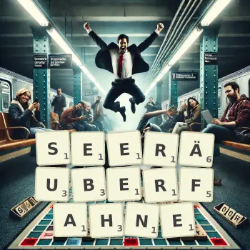 Kreative Illustration für ein Scrabble-Spiel, bei dem das Wort SEERÄUBERFAHNE mit Steinen auf dem Brett gelegt wurde.