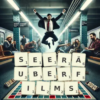 Kreative Illustration für ein Scrabble-Spiel, bei dem das Wort SEERÄUBERFILMS mit Steinen auf dem Brett gelegt wurde.