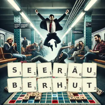 Kreative Illustration für ein Scrabble-Spiel, bei dem das Wort SEERÄUBERHUT mit Steinen auf dem Brett gelegt wurde.