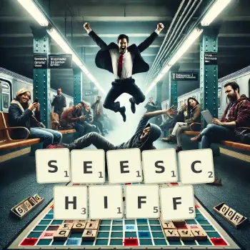 Kreative Illustration für ein Scrabble-Spiel, bei dem das Wort SEESCHIFF mit Steinen auf dem Brett gelegt wurde.