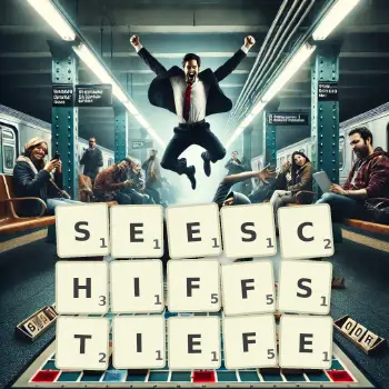 Kreative Illustration für ein Scrabble-Spiel, bei dem das Wort SEESCHIFFSTIEFE mit Steinen auf dem Brett gelegt wurde.