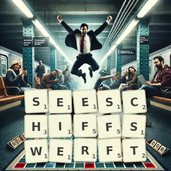 Kreative Illustration für ein Scrabble-Spiel, bei dem das Wort SEESCHIFFSWERFT mit Steinen auf dem Brett gelegt wurde.