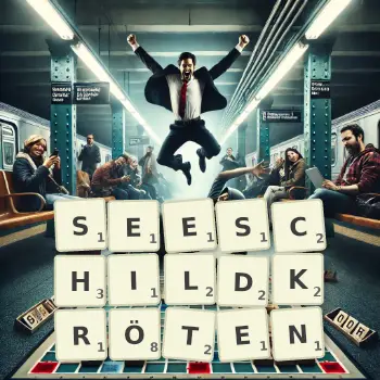 Kreative Illustration für ein Scrabble-Spiel, bei dem das Wort SEESCHILDKRÖTEN mit Steinen auf dem Brett gelegt wurde.